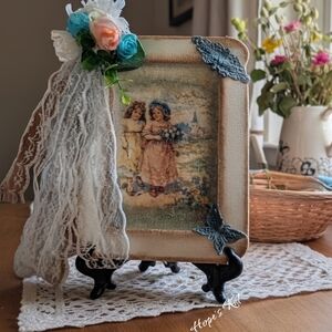 Vintage Style Framed Art with Lace and Flowers